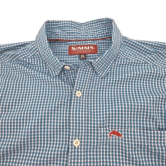 Simms Fishing Products Shirt Mens XL Button-up Blue Check Nylon Polyester - Picture 2 of 8